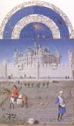 LIMBOURG brothers The medieval Louvre is in the background of the October calendar page (mk05) painting